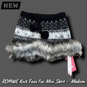 New ROMWE Knit Faux Fur Trim Mini Skirt – Gray/Black – Size Medium